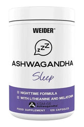 Weider Ashwagandha Sleep supplement bottle with nighttime formula and KSM-66, 120 capsules for stress relief and better sleep.
